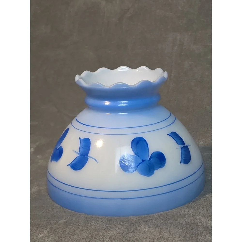 Vintage Hand Painted Milk Glass Lamp Shade Blue Floral Scalloped Edge Cabincore